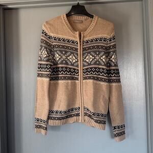 Croft & Barrow Women's Tan Gray Fair Isle Knit Front Zip Cardigan Sweater sz S
